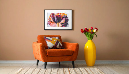 Interior of modern living room with orange armchair and flower vaseの素材
