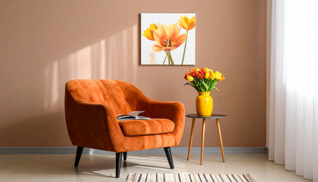 Orange armchair and vase with tulips in living room interiorの素材