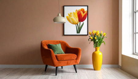 Living room with orange armchair and yellow vase with tulipsの素材