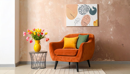 Modern living room interior with armchair and vase with tulipsの素材