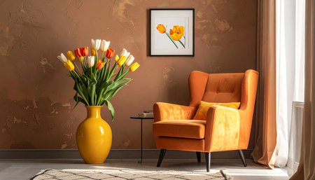 Orange armchair and vase with tulips in living room interiorの素材