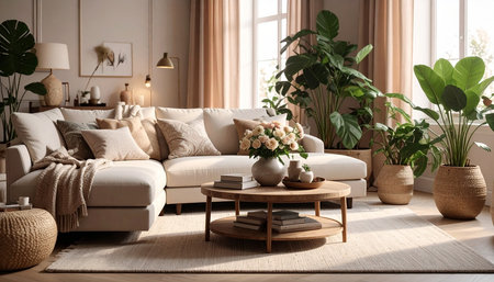 Stylish living room interior with stylish sofa, plants and coffee tableの素材