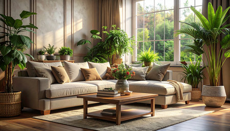 modern living room interior with sofa and plants, 3d render illustrationの素材