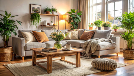 Interior of living room with stylish sofa, coffee table and plantsの素材