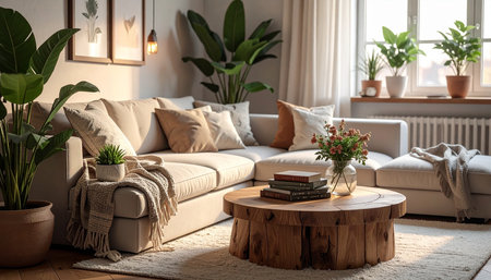 Living room interior with sofa, coffee table, books and plants.の素材
