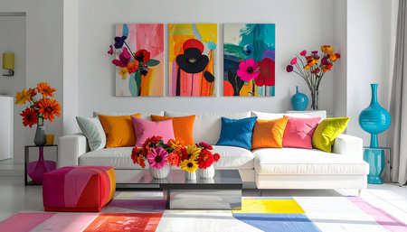 Interior of a modern living room with white sofa and colorful paintingsの素材