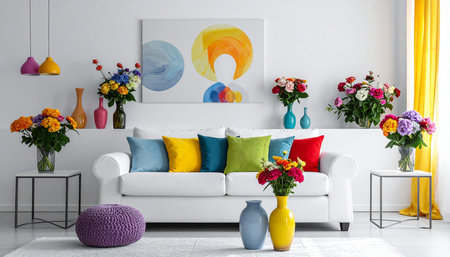 Interior of modern living room with a white sofa and colorful flowersの素材