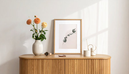 Modern interior design of living room with wooden commode, mock up poster frame and autumn flowers in vase. 3d renderの素材