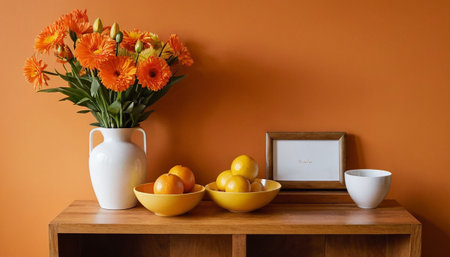 Vase of flowers and oranges on the table in the living roomの素材