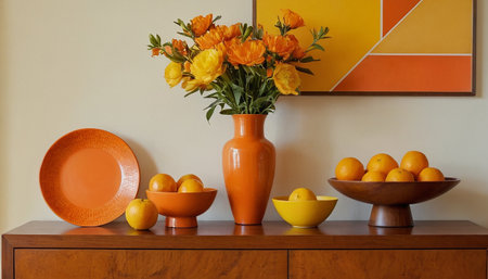 Orange vase with oranges and lemons on wooden table in living roomの素材