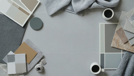 Flat lay, top view of modern designer workspace with copy space on grey background.の素材