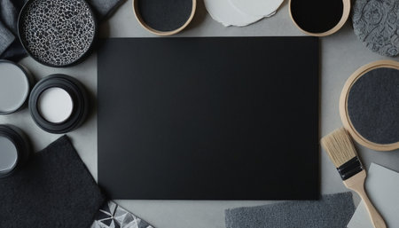 Top view of black mockup for branding identity on gray background with copy spaceの素材