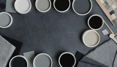 Top view of coffee cup on grey background with copy space, flat layの素材