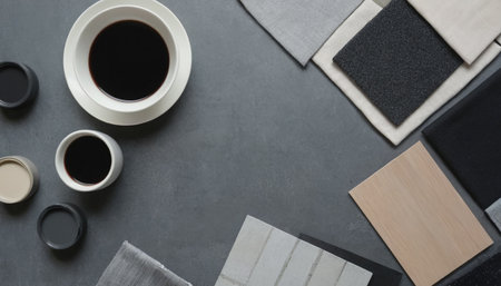 top view of tableware and coffee on grey background with copy spaceの素材