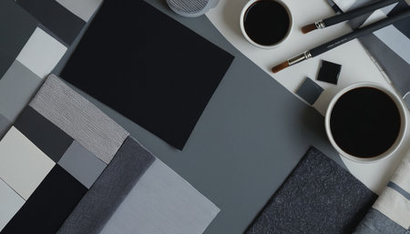 Creative flat lay photo of workspace desk with coffee cup and stationery. Top view, copy spaceの素材