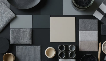 Flat lay composition with blank card on black background. Top view, copy spaceの素材