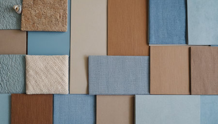 Colorful fabric samples on a wall in a shop or store.の素材