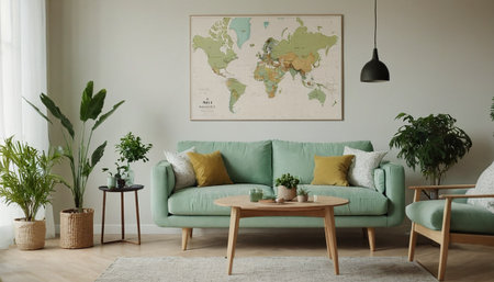 Interior of living room with green sofa, coffee table and mapの素材