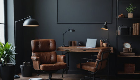 Modern office interior with brown leather armchair, laptop and other itemsの素材
