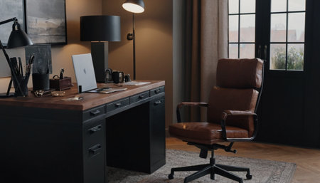 Interior of a modern office with a brown leather armchair and a tableの素材