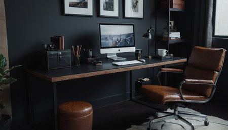 Workplace with computer, coffee cup and stationery in modern officeの素材