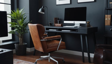 Modern office interior with furniture and computer. Workplace at home conceptの素材