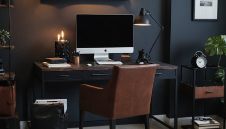 Modern workplace with computer on desk in office. Mockup for designの素材