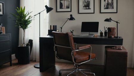 Interior of modern office. Workplace with computer, chair and coffee tableの素材