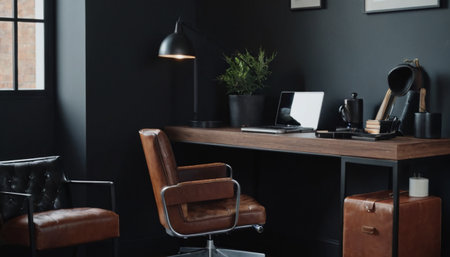 Laptop on table in modern office with leather armchair and laptop computerの素材