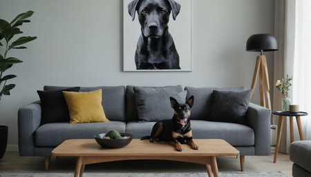 Cute dog sitting on sofa and looking at camera in living roomの素材