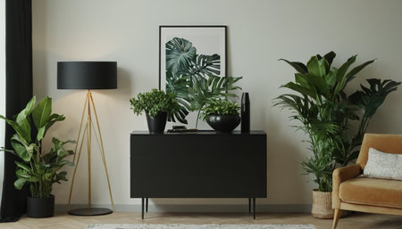 Modern living room interior with stylish furniture and tropical plants. Space for textの素材