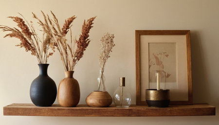 Vase with dried flowers on shelf against beige wall. Interior designの素材