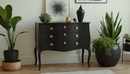 Modern black chest of drawers in living room interior. Interior designの素材