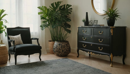 Living room interior with black armchair and wooden chest of drawersの素材