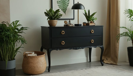 Black wooden chest of drawers in living room interior, closeupの素材