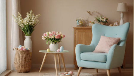 Easter interior with blue armchair and bouquet of spring flowersの素材