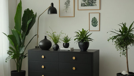 Modern living room interior with plants in pots on chest of drawersの素材