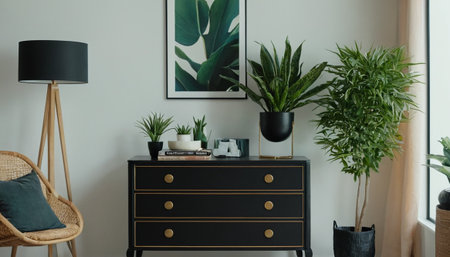 Interior of living room with wooden chest of drawers and plantsの素材