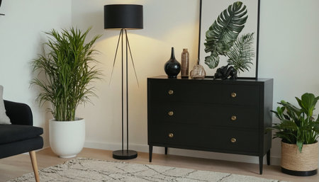 Modern living room interior with black commode, plants and table lampの素材
