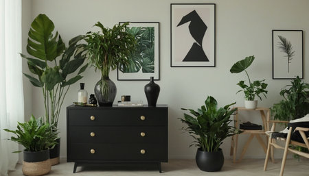 Interior of modern living room with plants, furniture and personal accessoriesの素材