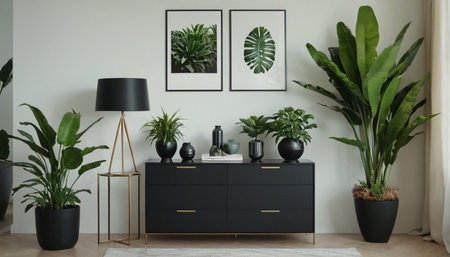 Interior of modern living room with black commode, plants and decorationの素材
