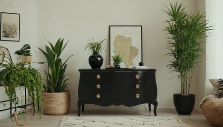 Interior of modern living room with black wooden commode and plantsの素材