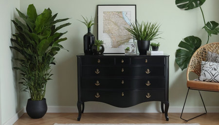 Black chest of drawers with plants and map in living room interiorの素材