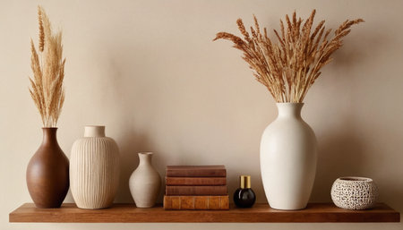 Wooden shelf with vases, books and dry grass on beige wallの素材