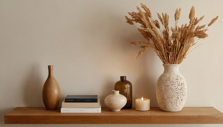Bookshelf with books, candles and pampas grass in vaseの素材