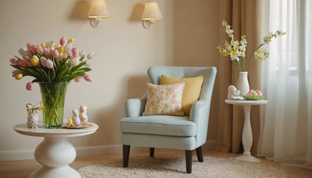 Interior of living room with blue armchair, flowers and easter eggsの素材