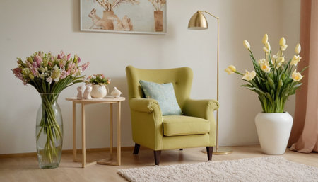 Interior of living room with green armchair and vase with flowersの素材