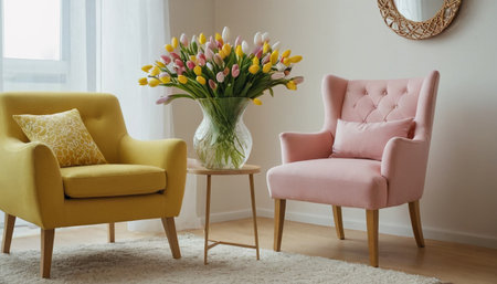 Modern living room interior with armchairs and bouquet of tulipsの素材