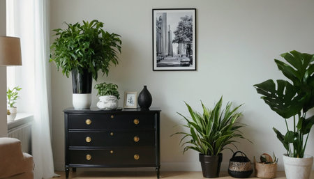 Interior of living room with black chest of drawers and plantsの素材