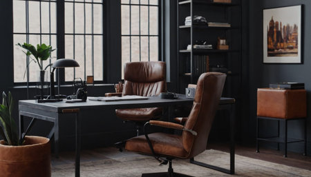 Interior of modern barbershop with stylish armchair and tableの素材